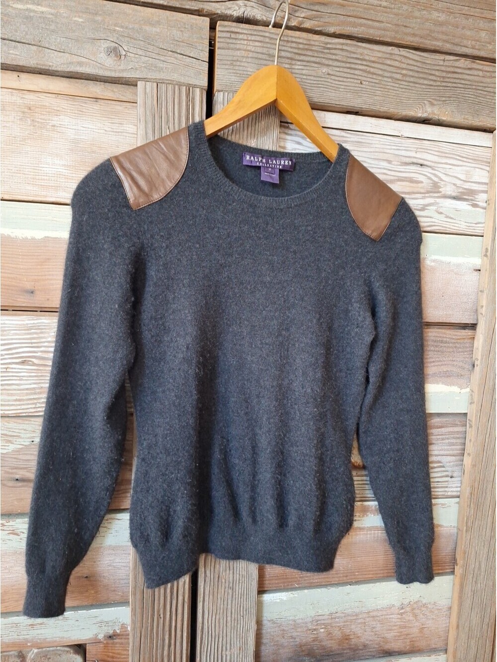 Ralph Lauren Dark Charcoal Cashmere Leather Sweater Medium Fitted Unisex?